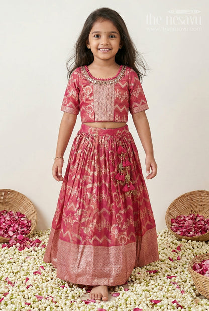 The Nesavu Girls Ethnic Lehenga Girls Lehenga for Weddings and Grand Festive Celebrations Nesavu 24 (5Y) / Red / Silk GL910A-24 Nesavu Girls Kora Silk Lehenga For Weddings With Big Zari Border And Traditional Festive Design