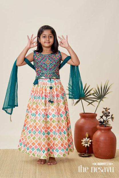 The Nesavu Girls Lehenga Choli Girls Lehenga Pink and Green with Mirror Embroidered Georgette Yoke and Multicolor Skirt Nesavu 18 (2Y) / Multicolor GL651A-18 Nesavu Girls Georgette Lehenga Pink Green Mirror Work Choli lehenga pink green