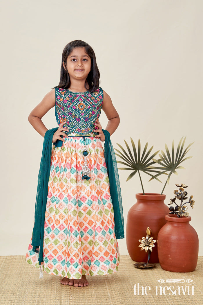 The Nesavu Girls Lehenga Choli Girls Lehenga Pink and Green with Mirror Embroidered Georgette Yoke and Multicolor Skirt Nesavu Nesavu Girls Georgette Lehenga Pink Green Mirror Work Choli lehenga pink green
