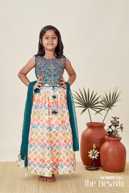 The Nesavu Girls Lehenga Choli Girls Lehenga Pink and Green with Mirror Embroidered Georgette Yoke and Multicolor Skirt Nesavu Nesavu Girls Georgette Lehenga Pink Green Mirror Work Choli lehenga pink green