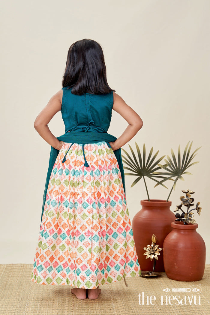 The Nesavu Girls Lehenga Choli Girls Lehenga Pink and Green with Mirror Embroidered Georgette Yoke and Multicolor Skirt Nesavu Nesavu Girls Georgette Lehenga Pink Green Mirror Work Choli lehenga pink green