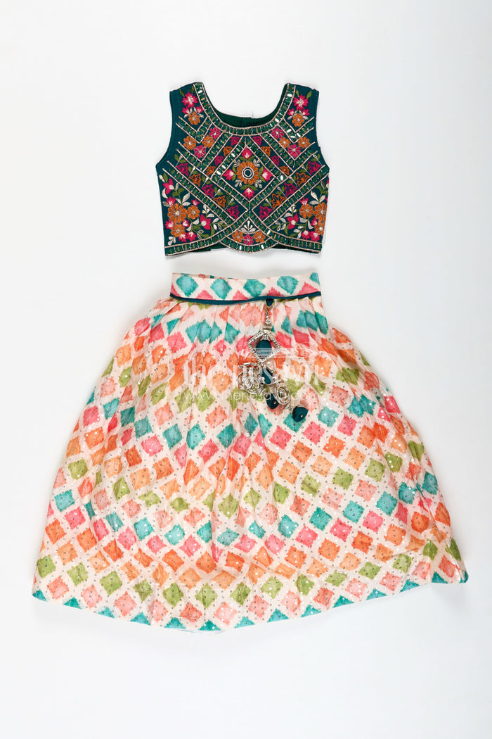 The Nesavu Girls Lehenga Choli Girls Lehenga Pink and Green with Mirror Embroidered Georgette Yoke and Multicolor Skirt Nesavu Nesavu Girls Georgette Lehenga Pink Green Mirror Work Choli lehenga pink green