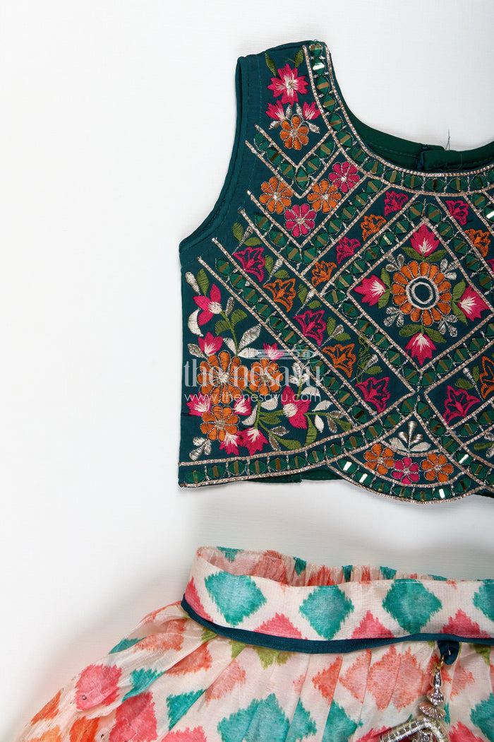 The Nesavu Girls Lehenga Choli Girls Lehenga Pink and Green with Mirror Embroidered Georgette Yoke and Multicolor Skirt Nesavu Nesavu Girls Georgette Lehenga Pink Green Mirror Work Choli lehenga pink green