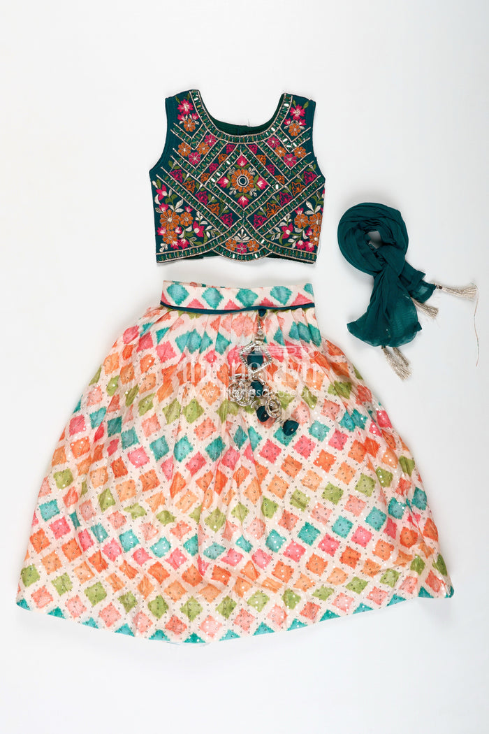 The Nesavu Girls Lehenga Choli Girls Lehenga Pink and Green with Mirror Embroidered Georgette Yoke and Multicolor Skirt Nesavu Nesavu Girls Georgette Lehenga Pink Green Mirror Work Choli lehenga pink green