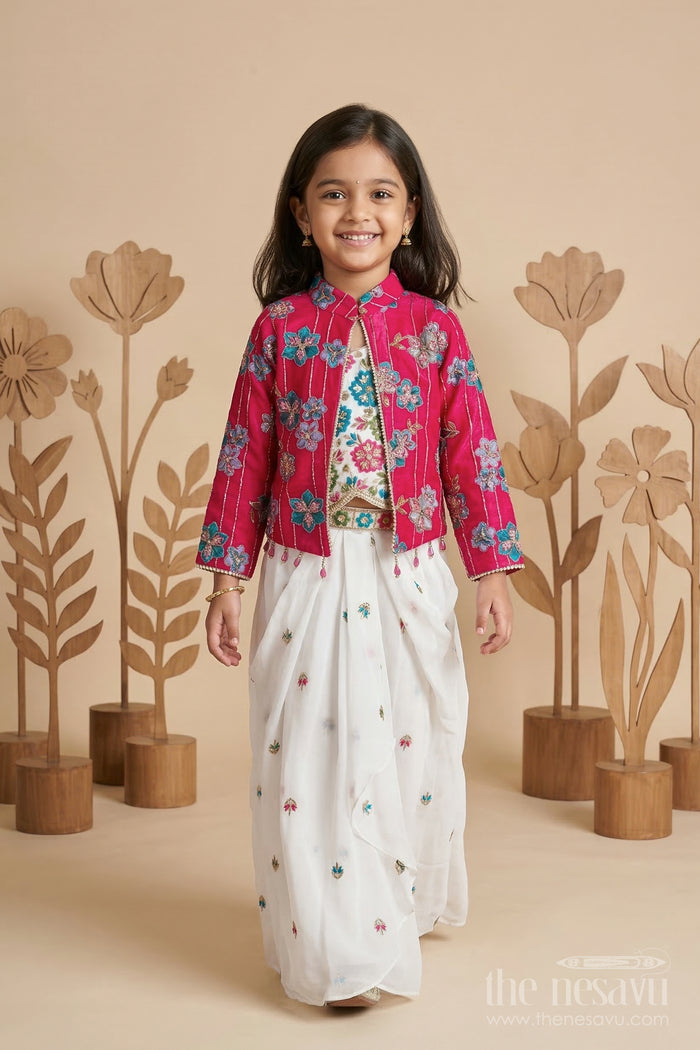 The Nesavu Girls Fancy Lehenga Girls Lehenga Set with Jacket for Wedding Functions Nesavu 26 (6Y) / Maroon / Georgette GL872A-26 Nesavu Girls Georgette Lehenga Set With Embroidered Jacket For Weddings Receptions And Festive Occasions
