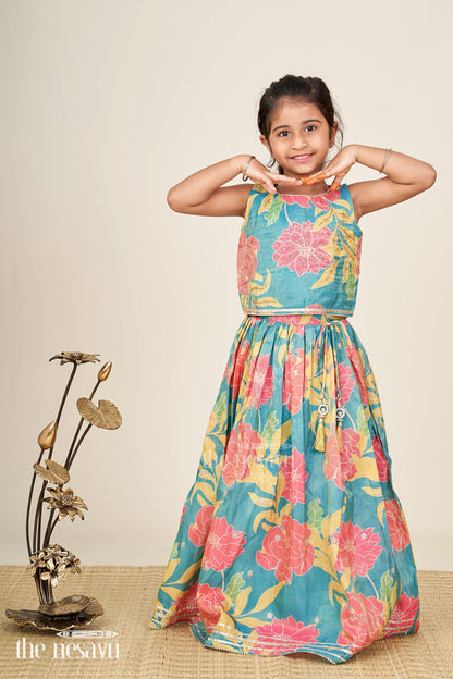 The Nesavu Girls Fancy Lehenga Girls Lehenga with Embroidery in Teal Georgette Featuring Floral Digital Print and Coordinated Blouse Nesavu 16 (1Y) / Green GL658A-16 Nesavu Teal Floral Printed Girls Lehenga Embroidery Sleeveless Blouse Festive Comfort