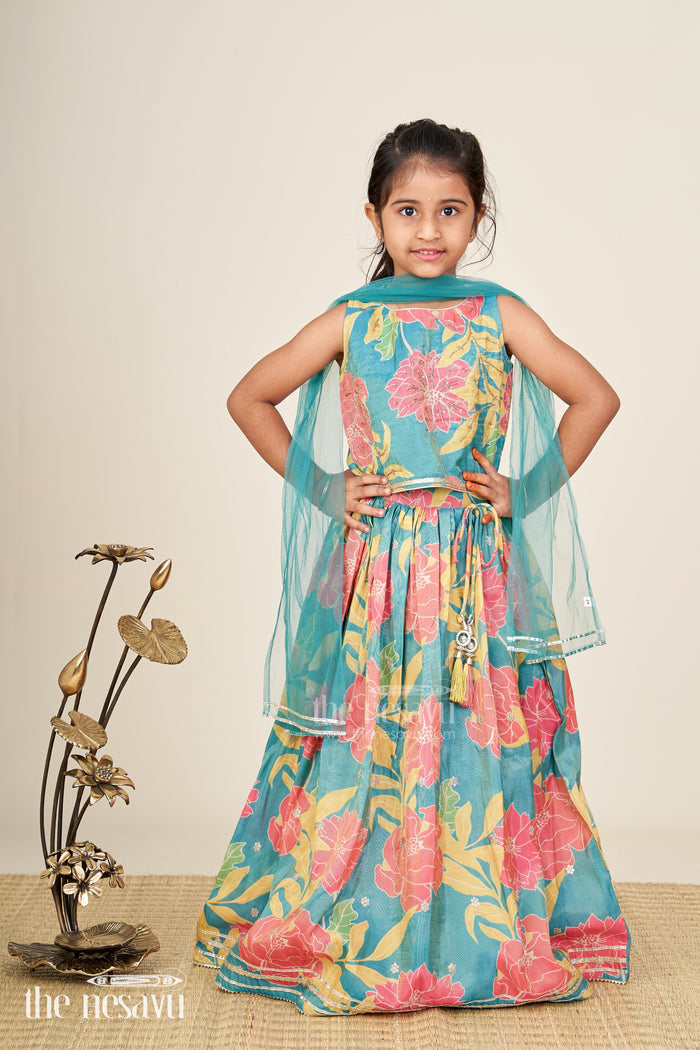 The Nesavu Girls Fancy Lehenga Girls Lehenga with Embroidery in Teal Georgette Featuring Floral Digital Print and Coordinated Blouse Nesavu Nesavu Teal Floral Printed Girls Lehenga Embroidery Sleeveless Blouse Festive Comfort