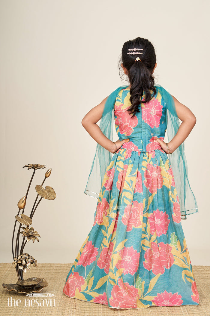 The Nesavu Girls Fancy Lehenga Girls Lehenga with Embroidery in Teal Georgette Featuring Floral Digital Print and Coordinated Blouse Nesavu Nesavu Teal Floral Printed Girls Lehenga Embroidery Sleeveless Blouse Festive Comfort