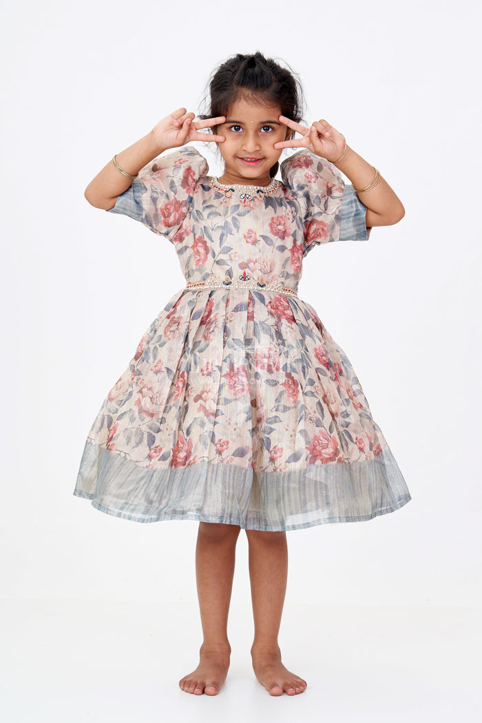 The Nesavu Silk Frock Girls Long Silk Frocks with Floral Digital Print and Embellished Details for Party Wear Nesavu 16 (1Y) / Green SF978A-16 Nesavu Girls Long Silk Frocks Floral Digital Print Embellished Neckline Party Wear