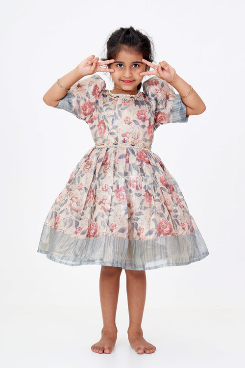 The Nesavu Silk Frock Girls Long Silk Frocks with Floral Digital Print and Embellished Details for Party Wear Nesavu 16 (1Y) / Green SF978A-16 Nesavu Girls Long Silk Frocks Floral Digital Print Embellished Neckline Party Wear