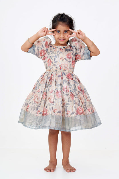 The Nesavu Silk Frock Girls Long Silk Frocks with Floral Digital Print and Embellished Details for Party Wear Nesavu 16 (1Y) / Green SF978A-16 Girls Long Silk Frocks Floral Digital Print Embellished Neckline Party Wear | The Nesavu