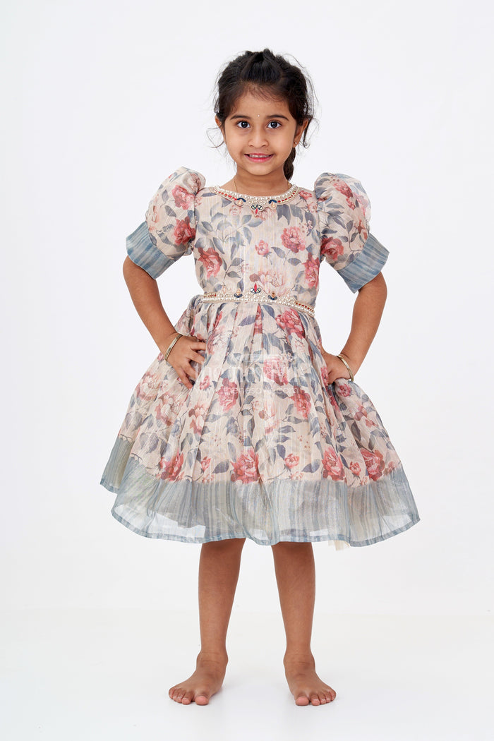 The Nesavu Silk Frock Girls Long Silk Frocks with Floral Digital Print and Embellished Details for Party Wear Nesavu Girls Long Silk Frocks Floral Digital Print Embellished Neckline Party Wear | The Nesavu