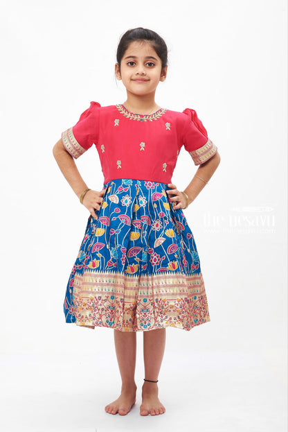 The Nesavu Silk Embroidered Frock Girls' Luxurious Pink and Blue Embroidered Silk Party Frock with Floral Motifs Nesavu 16 (1Y) / Blue SF739A-16 Embroidered Silk Floral Frock for Girls | Pink and Blue Traditional Dress | The Nesavu