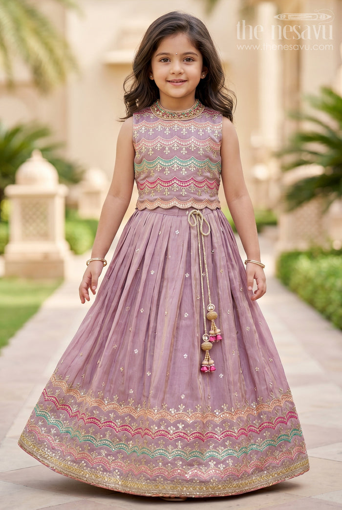 The Nesavu Girls Lehenga Choli Girls Marriage Function Dress in Tissue Fabric with Sequin Embroidery and Designer Multicolor Yoke Nesavu 16 (1Y) / Purple GL641B-16 Girls Marriage Function Dress Tissue Sequin Embroidered Lehenga Choli Designer Yoke | The Nesavu