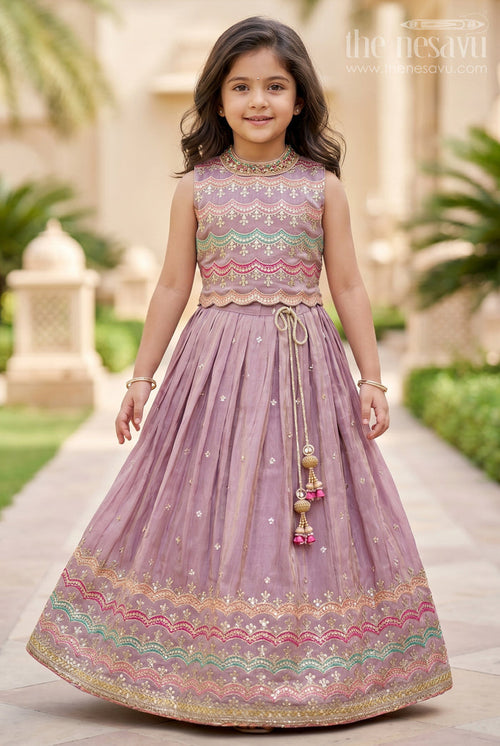 The Nesavu Girls Lehenga Choli Girls Marriage Function Dress in Tissue Fabric with Sequin Embroidery and Designer Multicolor Yoke Nesavu 16 (1Y) / Purple GL641B-16 Girls Marriage Function Dress Tissue Sequin Embroidered Lehenga Choli Designer Yoke | The Nesavu