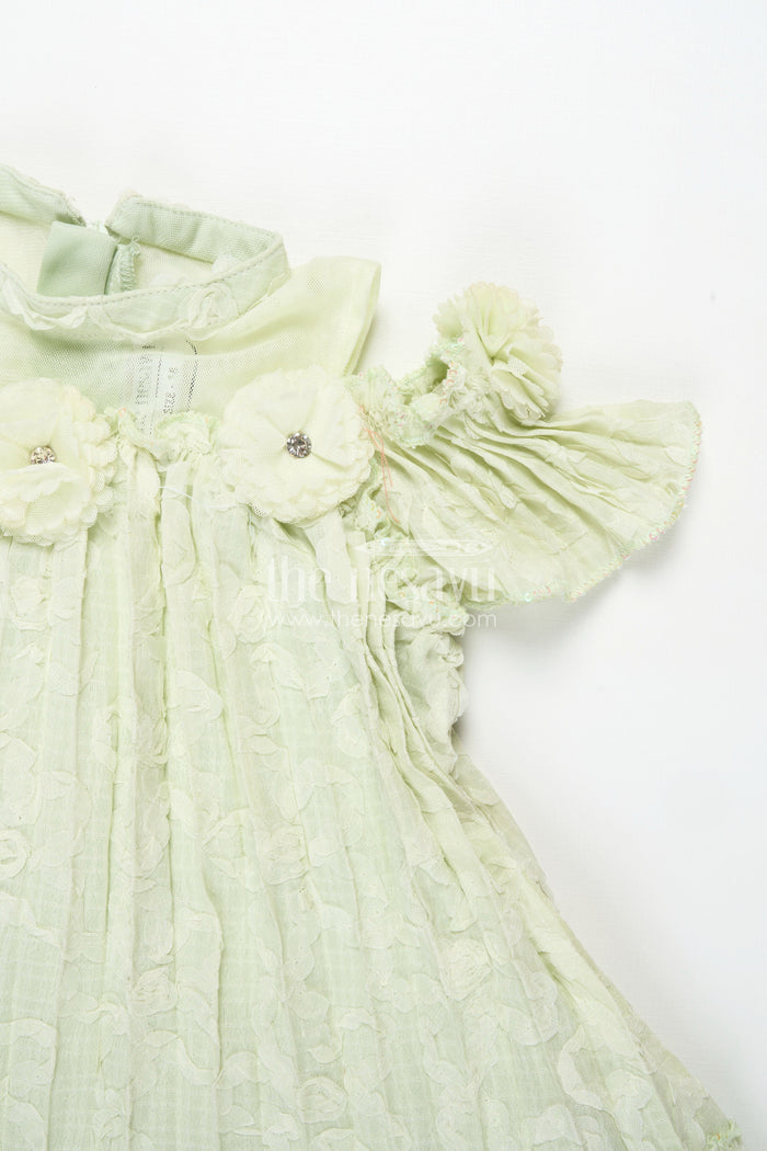 The Nesavu Girls Cotton Frock Girls Mini Organza Frock in Light Green with Crushed Texture and Floral Embellishments for Elegant Looks Nesavu Nesavu Girls Mini Organza Frock Light Green Crushed Texture Floral Puff Sleeve Design