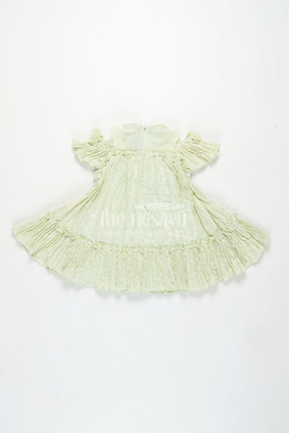 The Nesavu Girls Cotton Frock Girls Mini Organza Frock in Light Green with Crushed Texture and Floral Embellishments for Elegant Looks Nesavu Nesavu Girls Mini Organza Frock Light Green Crushed Texture Floral Puff Sleeve Design