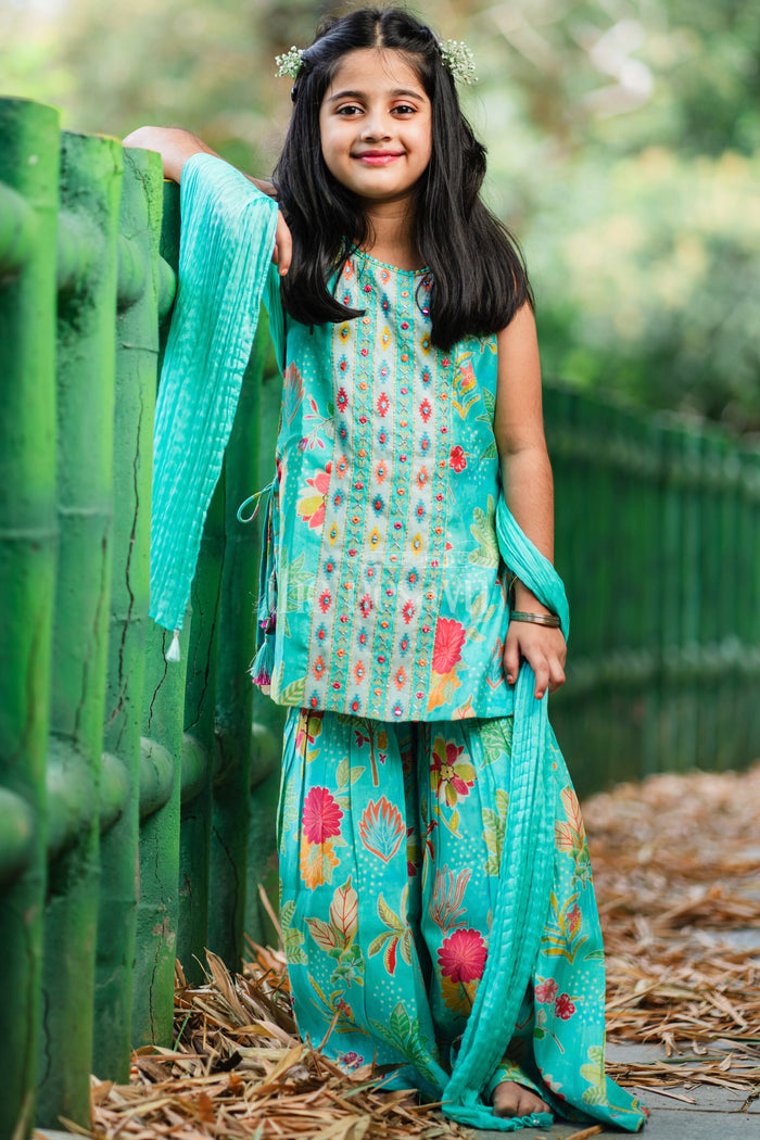 The Nesavu Girls Sharara / Plazo Set Girls Mint Green Sharara Plazo Set with Floral Print and Tassel Detailing Nesavu Nesavu Mint Green Sharara Plazo Set Floral Print Embroidery Girls