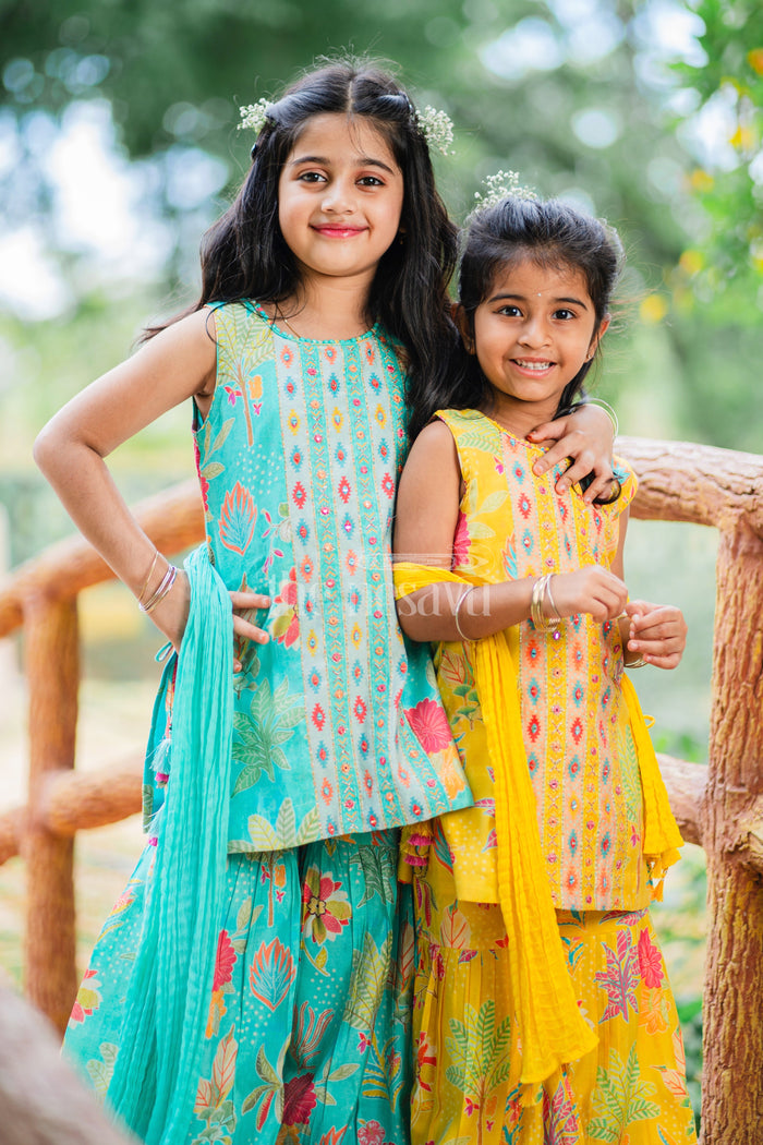 The Nesavu Girls Sharara / Plazo Set Girls Mint Green Sharara Plazo Set with Floral Print and Tassel Detailing Nesavu Nesavu Mint Green Sharara Plazo Set Floral Print Embroidery Girls