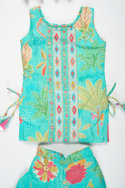 The Nesavu Girls Sharara / Plazo Set Girls Mint Green Sharara Plazo Set with Floral Print and Tassel Detailing Nesavu Nesavu Mint Green Sharara Plazo Set Floral Print Embroidery Girls