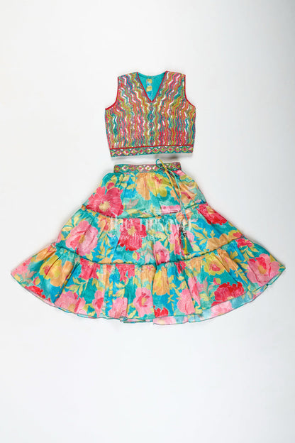 The Nesavu Girls Lehenga Choli Girls Multi Colour Lehenga Set with Sleeveless Embroidered Choli and Digital Printed Flared Skirt Nesavu Nesavu Multi Colour Lehenga Girls Embroidered Choli Rayon Digital Printed Skirt