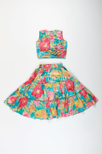 The Nesavu Girls Lehenga Choli Girls Multi Colour Lehenga Set with Sleeveless Embroidered Choli and Digital Printed Flared Skirt Nesavu Nesavu Multi Colour Lehenga Girls Embroidered Choli Rayon Digital Printed Skirt