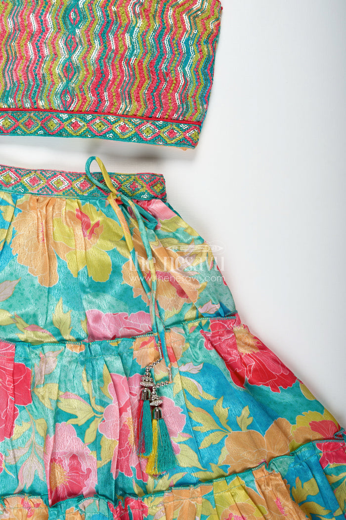 The Nesavu Girls Lehenga Choli Girls Multi Colour Lehenga Set with Sleeveless Embroidered Choli and Digital Printed Flared Skirt Nesavu Nesavu Multi Colour Lehenga Girls Embroidered Choli Rayon Digital Printed Skirt