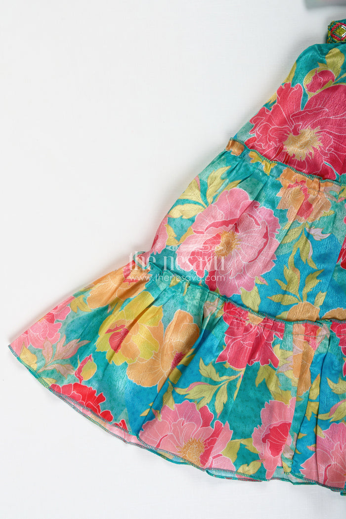 The Nesavu Girls Lehenga Choli Girls Multi Colour Lehenga Set with Sleeveless Embroidered Choli and Digital Printed Flared Skirt Nesavu Nesavu Multi Colour Lehenga Girls Embroidered Choli Rayon Digital Printed Skirt