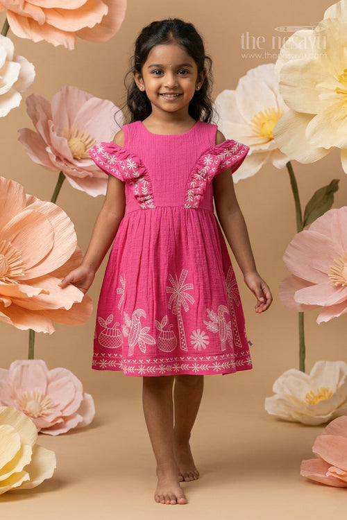 The Nesavu Girls Cotton Frock Girls Muslin Cotton Embroidered Frock for Festive Celebrations and Birthday Parties Nesavu 20 (3Y) / Pink / Muslin Cotton GFC2158A-20 Nesavu Girls Muslin Cotton Embroidered Frock For Birthday Celebrations And Festive Outings