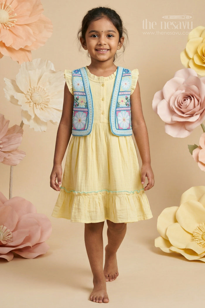 The Nesavu Girls Cotton Frock Girls Muslin Cotton Frock with Embroidered Jacket for Festive Outings and Celebrations Nesavu Nesavu Girls Muslin Cotton Frock With Embroidered Jacket For Festive Celebrations
