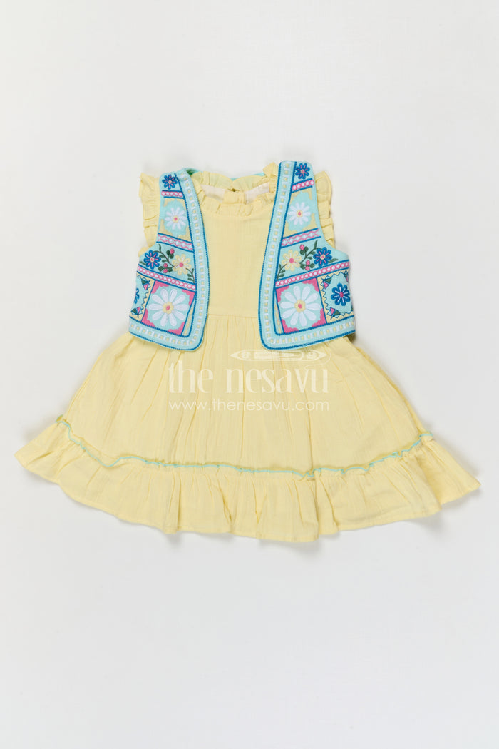 The Nesavu Girls Cotton Frock Girls Muslin Cotton Frock with Embroidered Jacket for Festive Outings and Celebrations Nesavu 20 (3Y) / Yellow / Muslin Cotton GFC2157A-20 Nesavu Girls Muslin Cotton Frock With Embroidered Jacket For Festive Celebrations