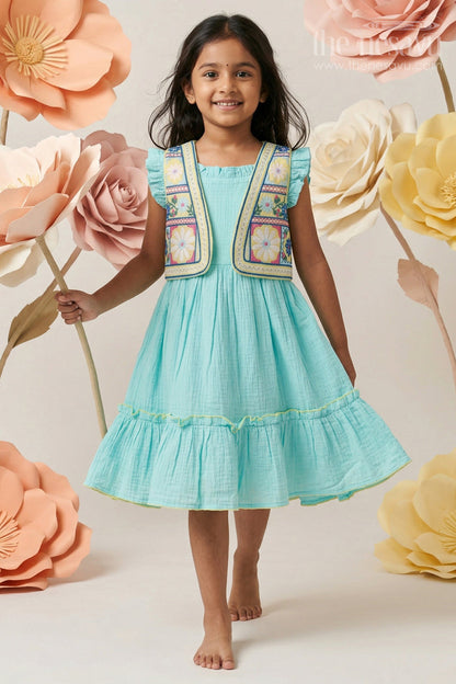 Girls Muslin Cotton Frock with Embroidered Jacket for Festive Outings and Special Occasions