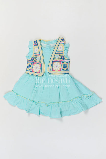 The Nesavu Girls Cotton Frock Girls Muslin Cotton Frock with Embroidered Jacket for Festive Outings and Special Occasions Nesavu 20 (3Y) / Turquoise / Muslin Cotton GFC2157B-20 Nesavu Girls Muslin Cotton Frock With Embroidered Jacket For Festive Celebrations