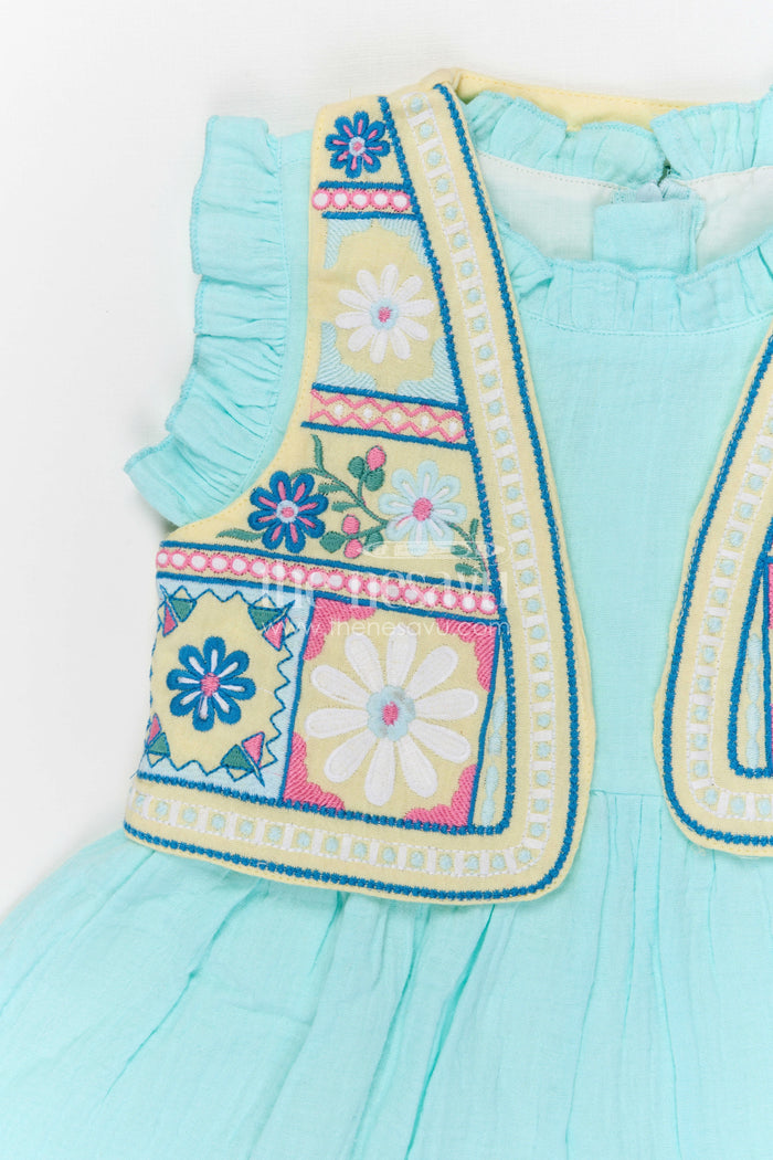 The Nesavu Girls Cotton Frock Girls Muslin Cotton Frock with Embroidered Jacket for Festive Outings and Special Occasions Nesavu Nesavu Girls Muslin Cotton Frock With Embroidered Jacket For Festive Celebrations