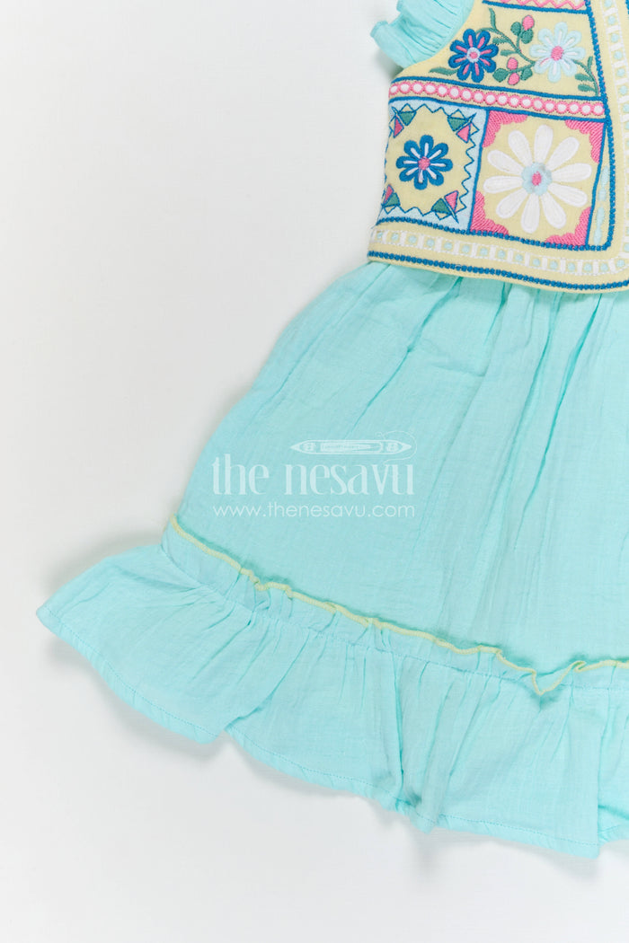 The Nesavu Girls Cotton Frock Girls Muslin Cotton Frock with Embroidered Jacket for Festive Outings and Special Occasions Nesavu Nesavu Girls Muslin Cotton Frock With Embroidered Jacket For Festive Celebrations