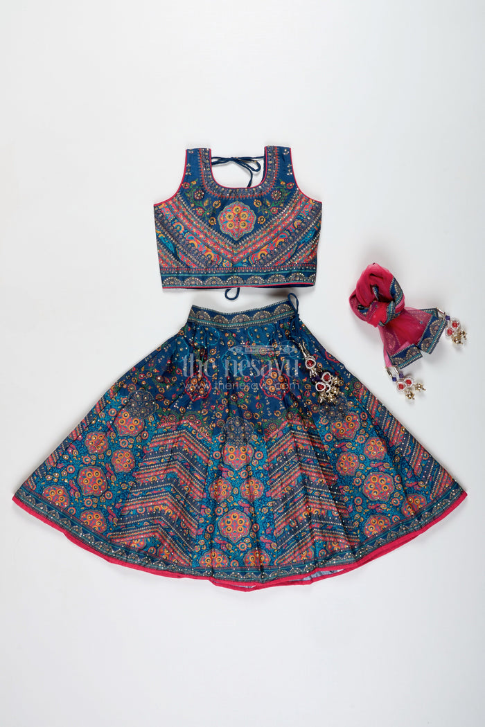 The Nesavu Girls Lehenga Choli Girls Navy Blue Lehenga Choli for Weddings and Cultural Festivals Nesavu Nesavu Girls Navy Lehenga Choli Weddings Silk Blend Ethnic Wear Traditional Print