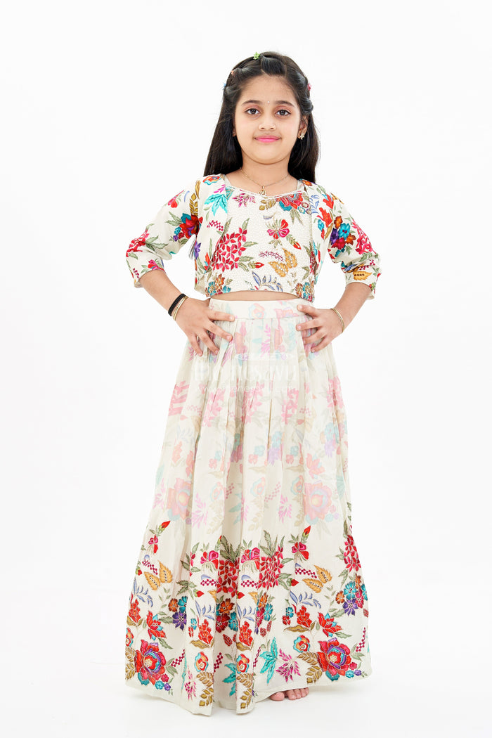 The Nesavu Girls Lehenga Choli Girls Off White Lehenga for Wedding with Floral Embroidery and Beaded Choli Nesavu Nesavu Girls Off White Lehenga Wedding Floral Embroidery Beaded Choli