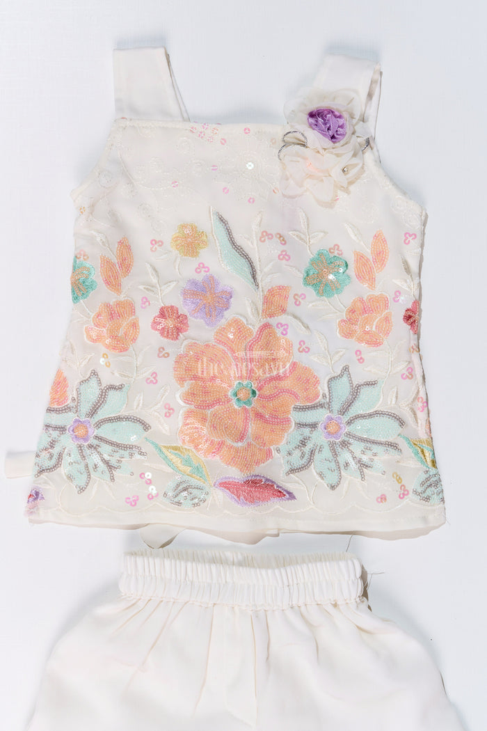 The Nesavu Girls Sharara / Plazo Set Girls Off White Sharara with Floral Embroidered Top and Layered Ruffle Pants Nesavu Nesavu Girls Off White Sharara Floral Embroidered Top Layered Ruffle Pants