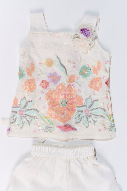 The Nesavu Girls Sharara / Plazo Set Girls Off White Sharara with Floral Embroidered Top and Layered Ruffle Pants Nesavu Nesavu Girls Off White Sharara Floral Embroidered Top Layered Ruffle Pants