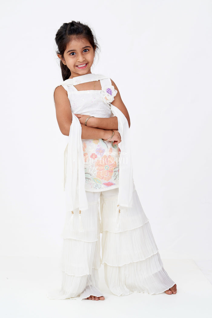 The Nesavu Girls Sharara / Plazo Set Girls Off White Sharara with Floral Embroidered Top and Layered Ruffle Pants Nesavu 16 (1Y) / Cream GPS548A-16 Girls Off White Sharara Floral Embroidered Top Layered Ruffle Pants | The Nesavu
