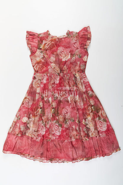 The Nesavu Girls Cotton Frock Girls Orange Frock Dress in Tissue Fabric with Floral Digital Print and Embroidered Yoke for a Chic Statement Look Nesavu Nesavu Girls Orange Tissue Frock Dress Floral Digital Print Sequin Embroidered Yoke Special Occasions
