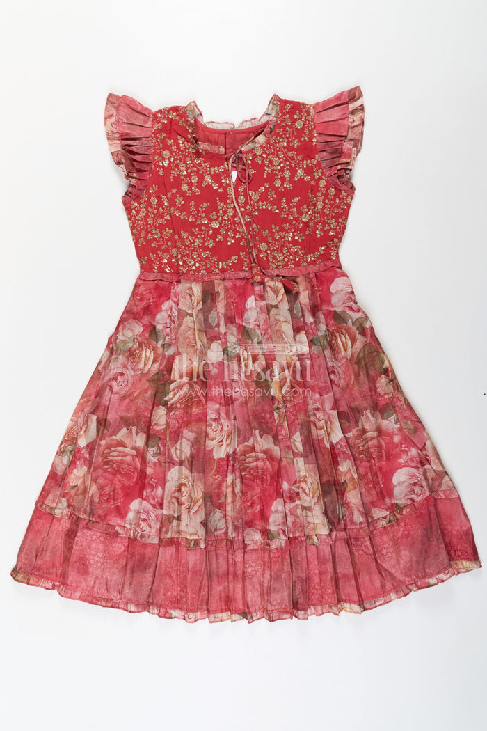 The Nesavu Girls Cotton Frock Girls Orange Frock Dress in Tissue Fabric with Floral Digital Print and Embroidered Yoke for a Chic Statement Look Nesavu 34 (10Y) / Orange GFC1671A-34 Girls Orange Tissue Frock Dress Floral Digital Print Sequin Embroidered Yoke Special Occasions | The Nesavu