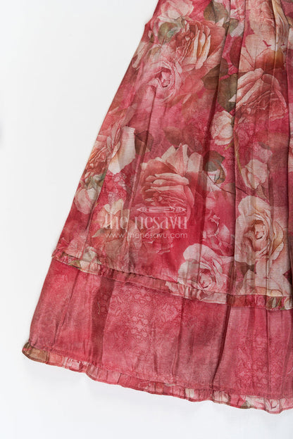 The Nesavu Girls Cotton Frock Girls Orange Frock Dress in Tissue Fabric with Floral Digital Print and Embroidered Yoke for a Chic Statement Look Nesavu Girls Orange Tissue Frock Dress Floral Digital Print Sequin Embroidered Yoke Special Occasions | The Nesavu