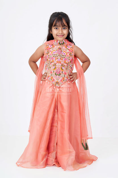 The Nesavu Girls Sharara / Plazo Set Girls Orange Jumpsuit Set in Glazed Organza with Designer Embroidery and Festive Dupatta Nesavu 24 (5Y) / Peach GPS419C-24 Nesavu Girls Orange Jumpsuit Outfit Glazed Organza Embroidered Bodice Dupatta