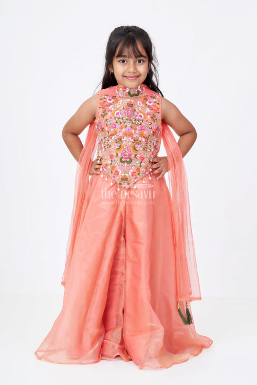 The Nesavu Girls Sharara / Plazo Set Girls Orange Jumpsuit Set in Glazed Organza with Designer Embroidery and Festive Dupatta Nesavu 24 (5Y) / Peach GPS419C-24 Nesavu Girls Orange Jumpsuit Outfit Glazed Organza Embroidered Bodice Dupatta