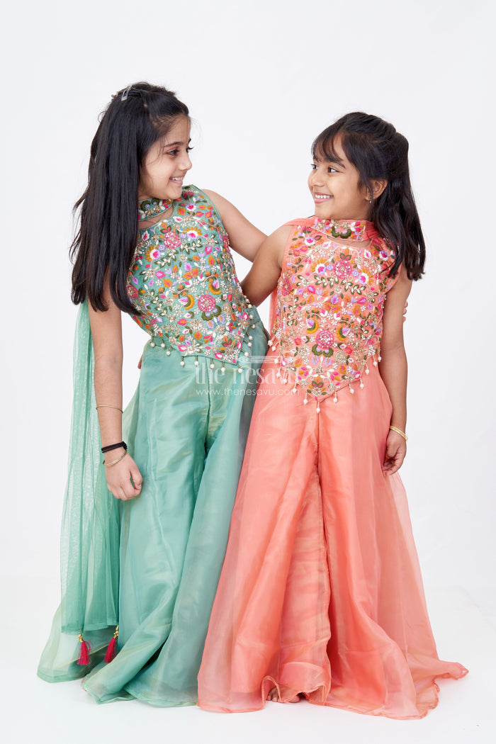The Nesavu Girls Sharara / Plazo Set Girls Orange Jumpsuit Set in Glazed Organza with Designer Embroidery and Festive Dupatta Nesavu Nesavu Girls Orange Jumpsuit Outfit Glazed Organza Embroidered Bodice Dupatta