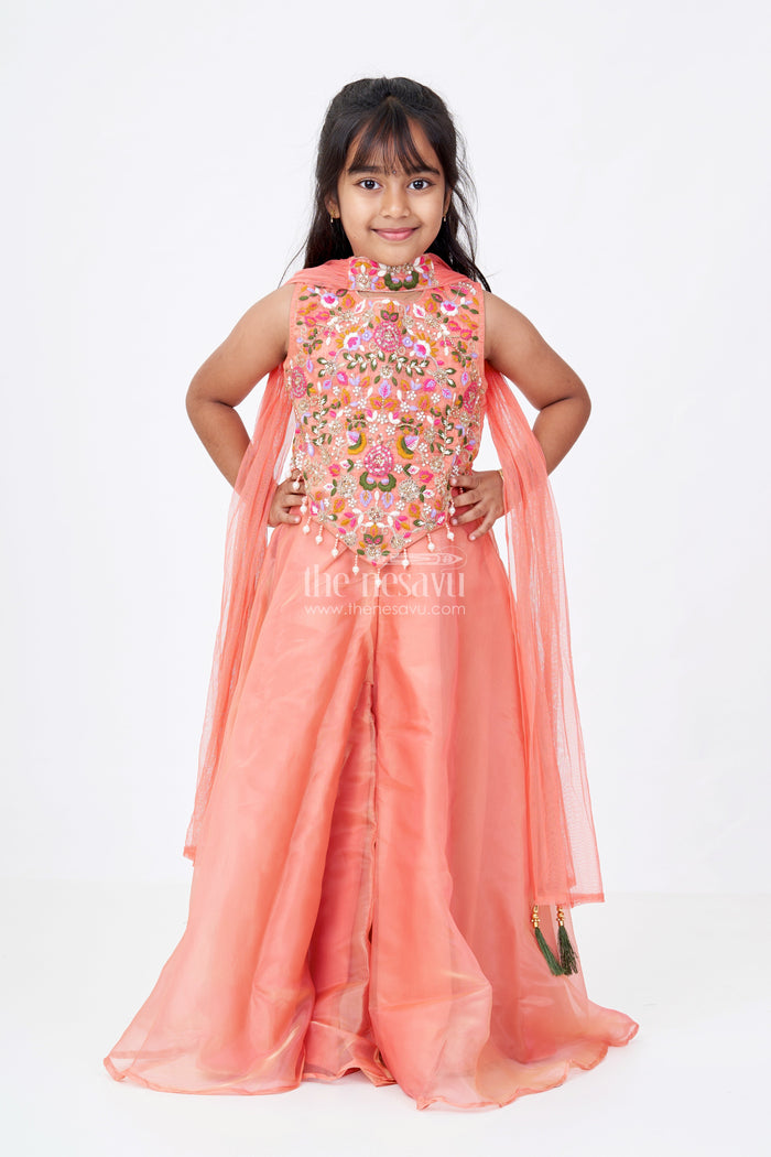 The Nesavu Girls Sharara / Plazo Set Girls Orange Jumpsuit Set in Glazed Organza with Designer Embroidery and Festive Dupatta Nesavu Girls Orange Jumpsuit Outfit Glazed Organza Embroidered Bodice Dupatta | The Nesavu