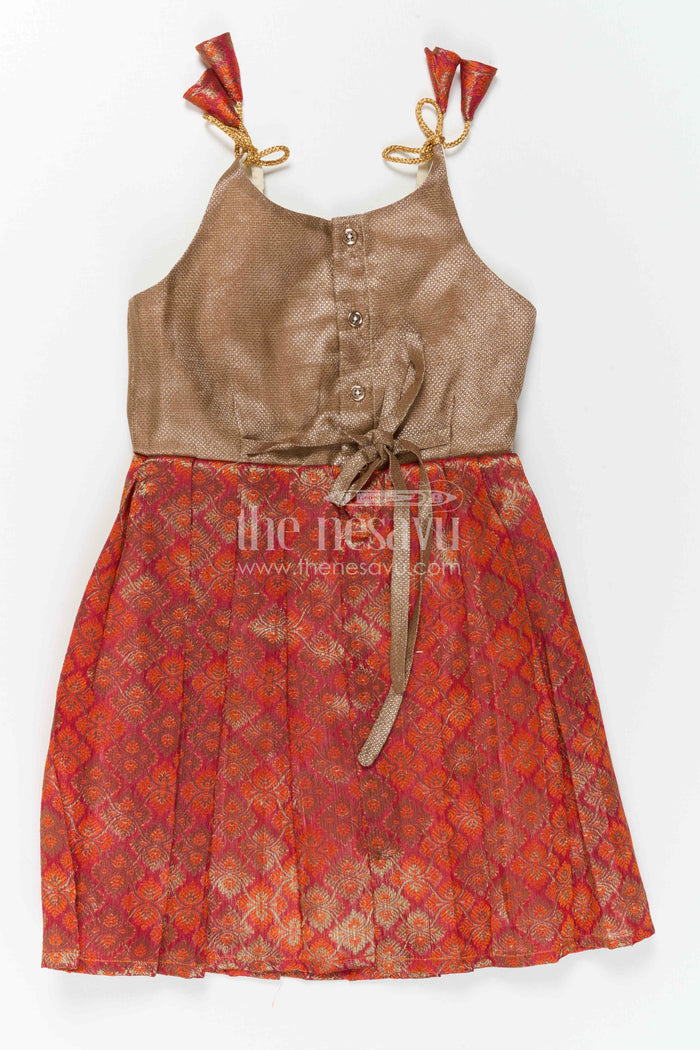 The Nesavu Tie-up Frock Girls Orange Tie up Frock for Festive Family Celebrations Nesavu Nesavu Girls Orange Semi Banaras Tie Up Frock With Tissue Silk Yoke For Festive Wear