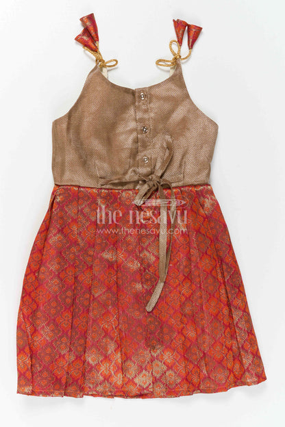 The Nesavu Tie-up Frock Girls Orange Tie up Frock for Festive Family Celebrations Nesavu Nesavu Girls Orange Semi Banaras Tie Up Frock With Tissue Silk Yoke For Festive Wear