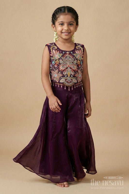 The Nesavu Girls Sharara / Plazo Set Girls Organza Plazo Set with Sequin Blouse for Receptions and Party Wear Nesavu Nesavu girls organza plazo set with floral embroidered blouse and dupatta for party and reception wear